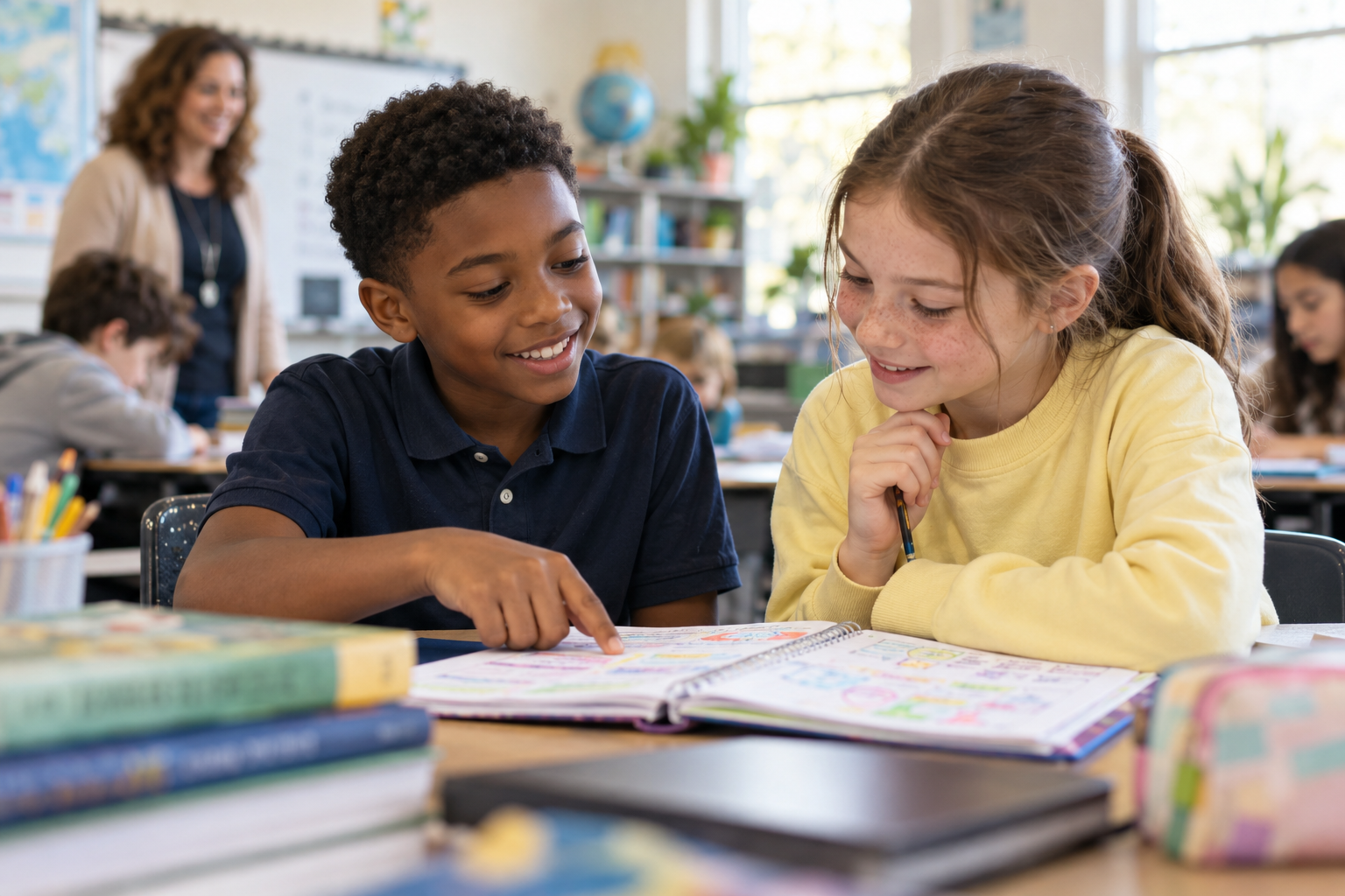 Two elementary students sharing ideas over a colorful notebook