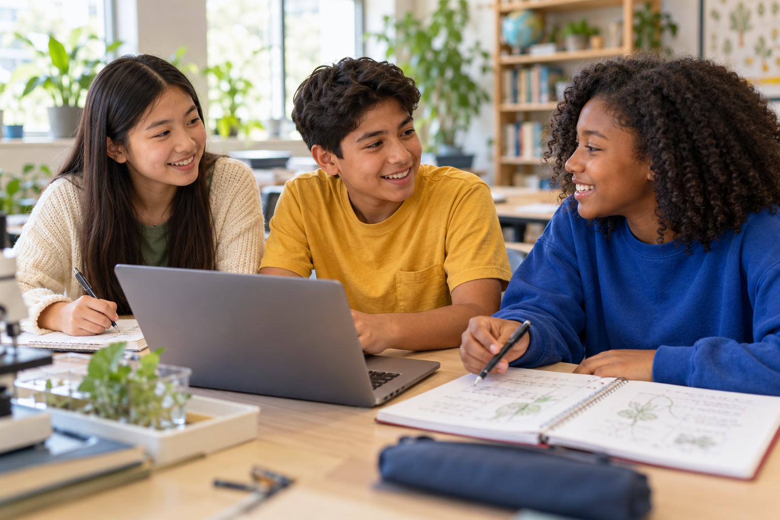 Three students collaborating over a notebook and laptop in a bright classroom